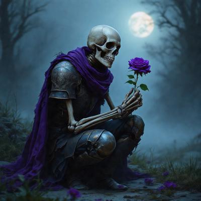 The primary subject of the image is a skeleton holding a rose. The setting is a forest at night, with a full moon visible in the background. The visual style is a digital art or illustration, creating a dark and eerie atmosphere. The dominant colors are purple and black, with the purple scarf and the black and silver skeleton suit.